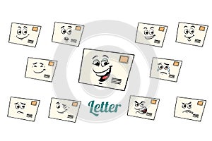 Postal envelope letter emotions emoticons set on white