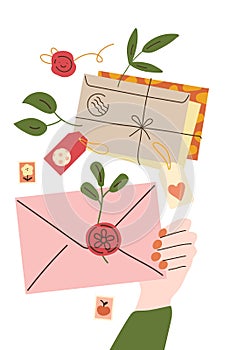 Postal envelopes with hands. Human arms writing letters. Woman signing postcards and invitations. Wax seals and plant