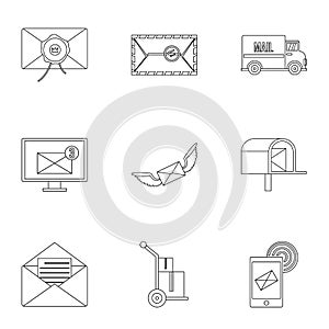 Postal icons set, outline style