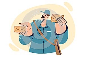Postal man holds envelopes with letters, working as mail courier for state postal company