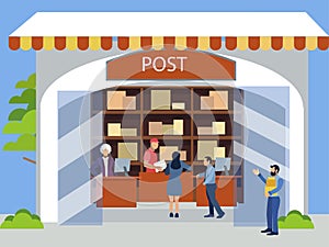 Postal office. Receiving postal parcels, shipments. In minimalist style. Cartoon flat raster