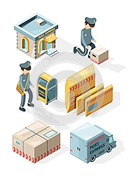 Postal service. Cargo delivery office postcards envelope postbox mail letters vector isometric illustrations