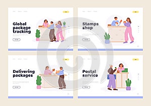 Postal service and package tracking and delivery landing pages set with people at post office