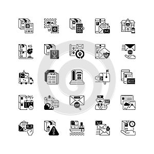 Postal services black linear icons set