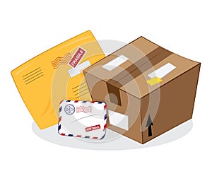 Postal services: package, yellow envelope, letter envelope