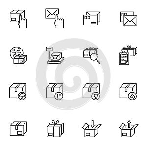 Postal shipping line icons set