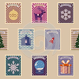 Postal stamp seamless pattern Christmas old postage stamps