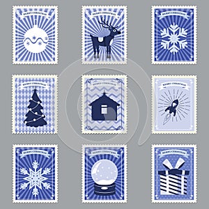 Postal stamp seamless pattern Christmas old postage stamps