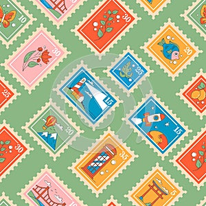 Postal Stamp Seamless Pattern Features Various Marks Arranged In A Continuous Design. The Stamps Depict Different Themes