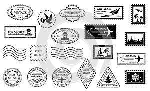 Postal stamps and postmarks. Set signs. Vector