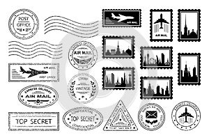 Postal stamps and postmarks. Set of various postmarks and postage stamps with city silhouettes.