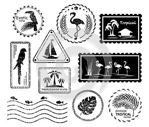Postal stamps and postmarks. Tropical symbols set