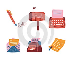 Postal Symbol with Ink Pen, Letter, Typewriter and Mail Box Vector Set