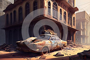 postapocalyptic city crammed with abandoned vehicles, broken signs, and decaying buildings