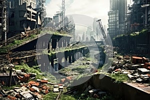 Postapocalyptic City With Overgrown Buildings In Dystopian World