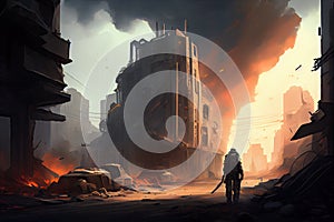 postapocalyptic city under siege, with explosions and gunfire in the distance