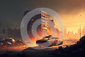 postapocalyptic cityscape, with broken buildings and abandoned vehicles, amidst smoke and flames