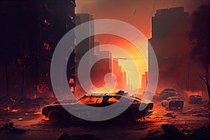 postapocalyptic cityscape, with broken buildings and abandoned vehicles, amidst smoke and flames