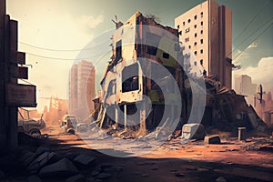 postapocalyptic cityscape with broken buildings and rubble on the ground