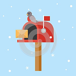 Postbox and bird for christmas theme poster flat design