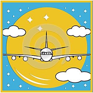 Postcard airplane in the sky against the background of the sun, papercut, file cutting