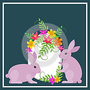 Postcard allusive to Easter, with symbolic elements such as bunny, egg and flowers.