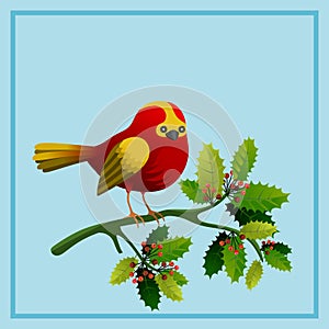 Postcard allusive to the theme of Christmas. A red bird on a branch of holly with green leaves and red berries. Illustration.
