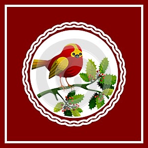 Postcard allusive to the theme of Christmas. A red bird on a branch of holly with green leaves and red berries. Illustration.