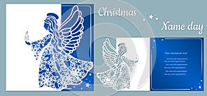 Postcard with an angel in the hands of fire, for holiday and congratulations, template. Template for laser cutting and plotter