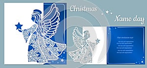 Postcard with an angel in the hands of a star, for holiday and congratulations, template. Template for laser cutting and plotter