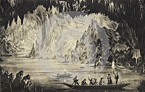 Postcard from around 1910-1935 with a drawing of tourists visiting the Grottes de Han Grotten van Han, at the embarquement lake