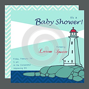 Postcard Baby shower card with marine motive lighthouse over the seaÐ± Basic CMYK