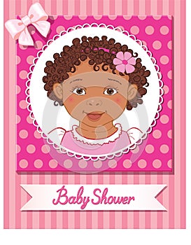 Postcard of baby shower with cute girl on pink background