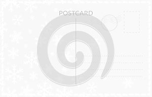 Postcard back template design. Winter postage card templates with snowfall for winter holidays.