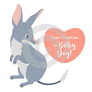 Postcard bilby day. Cute Australian animal bilby with heart and holiday greeting. Vector illustration in flat cartoon