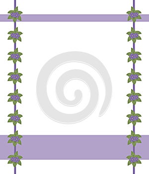Postcard border frame white field purple edges with a composition of green leaves and shallow purple flowers violets in a column o