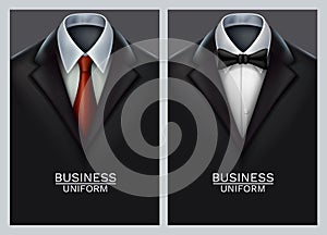 Postcard business cards with elegant suit and tuxedo. Vector