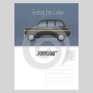 Postcard with cab and Greetings from London sign vector illustration