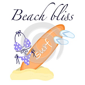 Postcard Cartoon summer elements, travel, beach, summertime accessory. Surf desk, swimsuit and slippers vector