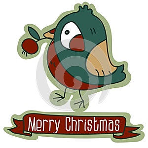 A postcard with a Christmas cartoon bird in the form of a bullfinch with a branch of berries, a cartoon Christmas vector