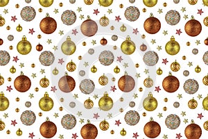 Postcard for Christmas and New Year, multicolored balls and stars randomly scattered on a white background