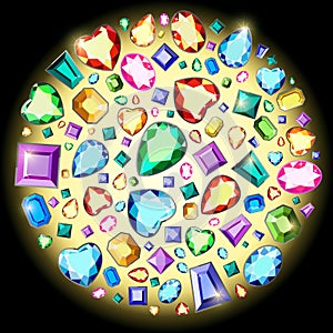 Postcard with colorful gems. Colored gems of different cut