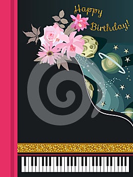 Postcard, cover for notebook with a grand piano, outer space with stars, nebulae and planets, a bouquet of pink flowers
