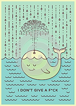 Postcard with cute careless whale baby swimming in the sea under rain making umbrella out of his fountain. Flat style design conce