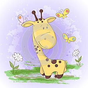 Postcard cute giraffe flowers and butterflies. Cartoon style