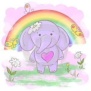 Postcard cute little elephant flowers and butterflies. Cartoon style