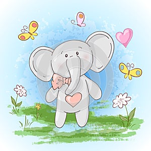 Postcard cute little elephant flowers and butterflies. Cartoon style