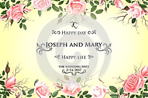 Postcard with delicate flowers roses. Wedding invitation, thank you, save the date cards, menu, flyer, banner template