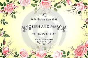 Postcard with delicate flowers roses. Wedding invitation, thank you, save the date cards, menu, flyer, banner template