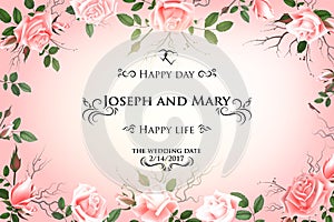 Postcard with delicate flowers roses. Wedding invitation, thank you, save the date cards, menu, flyer, banner template